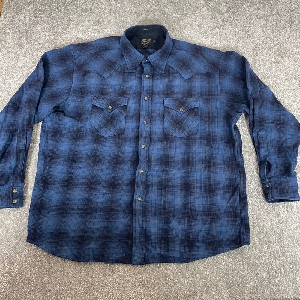 Pendleton Canyon Wool Shirt Mens XL Pearl Snap Flannel Western Ombre Plaid Blue - Picture 2 of 11